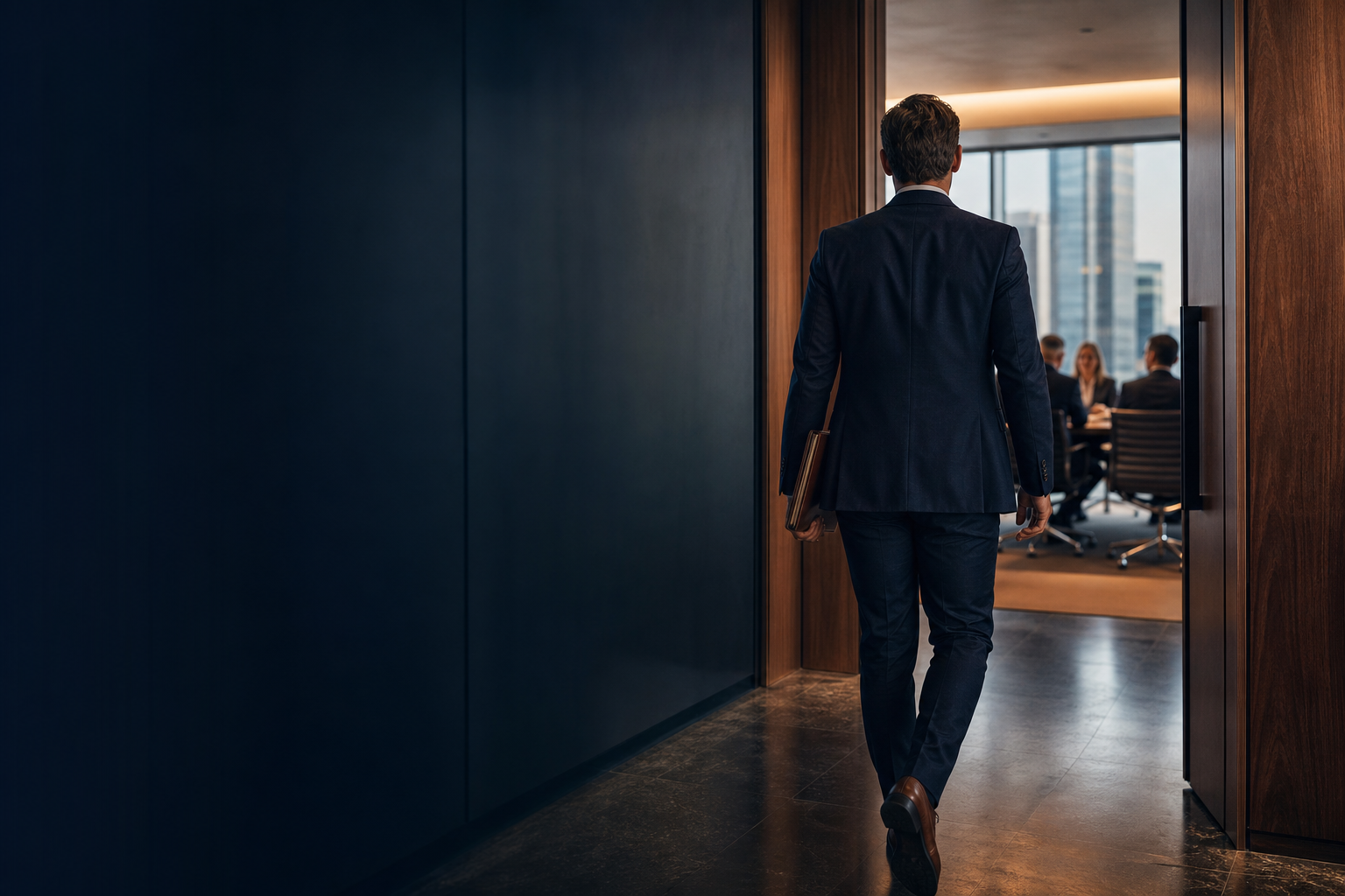 A business-finance professional approaching an open executive meeting room