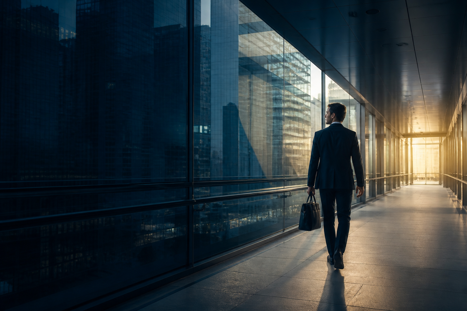A business-finance professional moving through a modern financial district toward a new opportunity